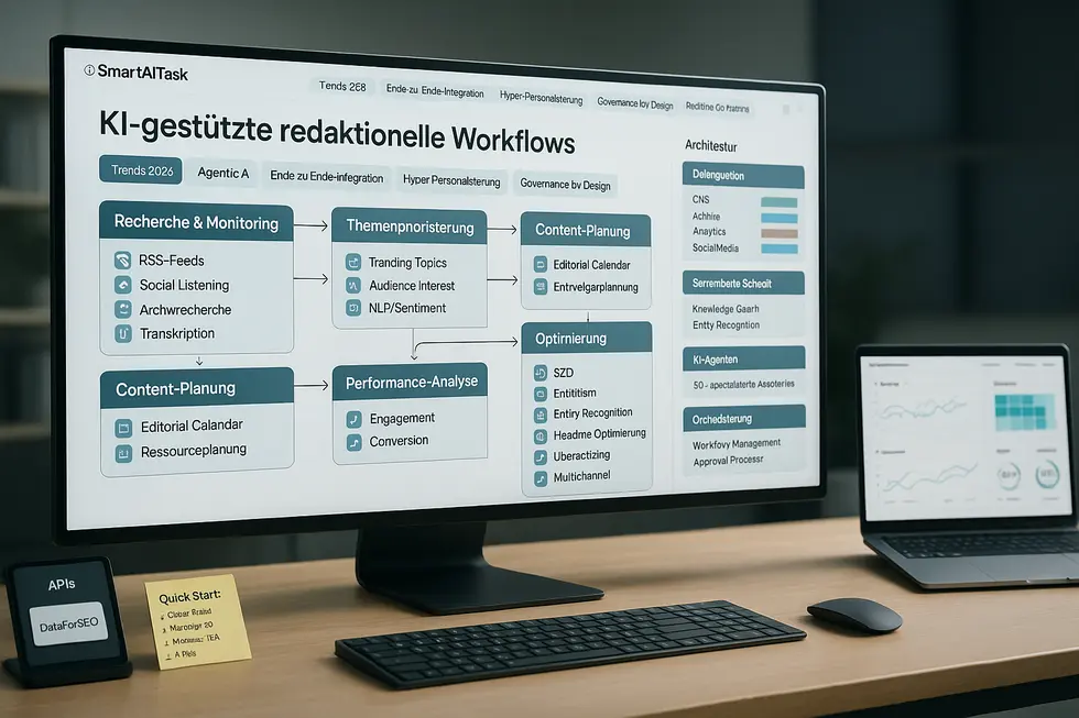 Modernes isometrisches Diagramm eines KI-gestützten redaktionellen Workflows auf einem Computerbildschirm, der verschiedene Workflow-Stationen zeigt, einschließlich Recherche & Monitoring, Content-Planung, Performance-Analyse und Architektur-Komponenten, sowie eine Quick-Start-Liste zur Unterstützung der Implementierung.