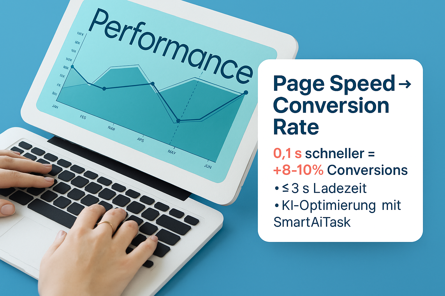 Grafik auf einem Laptop mit dem Titel "Performance", die eine Analyse zur Seitenladegeschwindigkeit und deren Einfluss auf die Conversion-Rate zeigt, einschließlich der Wichtigkeit einer Ladezeit von unter 3 Sekunden und dem Vorteil von KI-Optimierung.