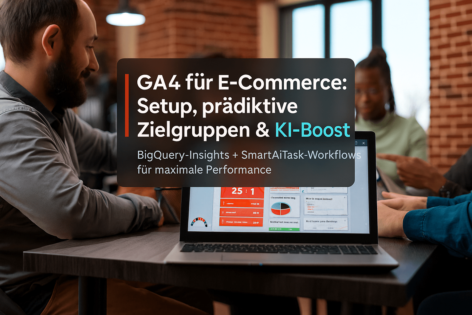 Laptop auf einem Tisch, zeigt Grafiken und Datenanalysen zu Google Analytics 4 für E-Commerce, während Personen im Hintergrund an einem Meeting teilnehmen. Text auf dem Laptop beschreibt Setup, Zielgruppen und KI-Optimierung.