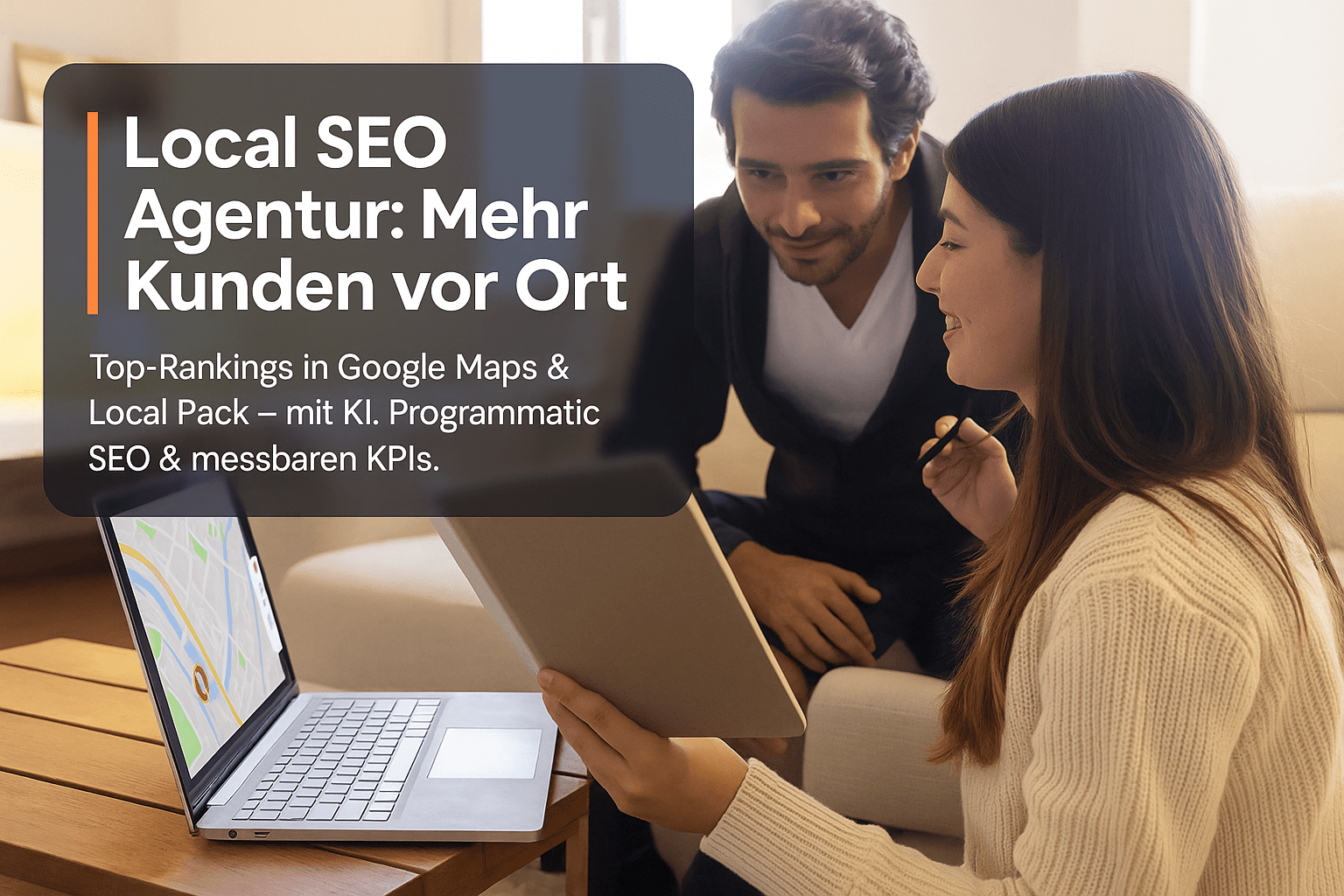 Zwei Personen beraten sich über lokale Suchmaschinenoptimierung, ein Laptop mit einer Kartenansicht ist sichtbar.