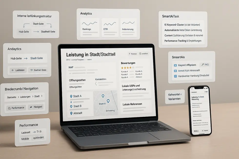 Isometrische Darstellung eines Programmatic SEO Systems mit Laptop und Smartphone, das eine Standortseite zur Dienstleistungsoptimierung zeigt, sowie Informationsgrafiken zu interner Verlinkungsstruktur, Analytics, SmartAiTask, Breadcrumb-Navigation und Performance.