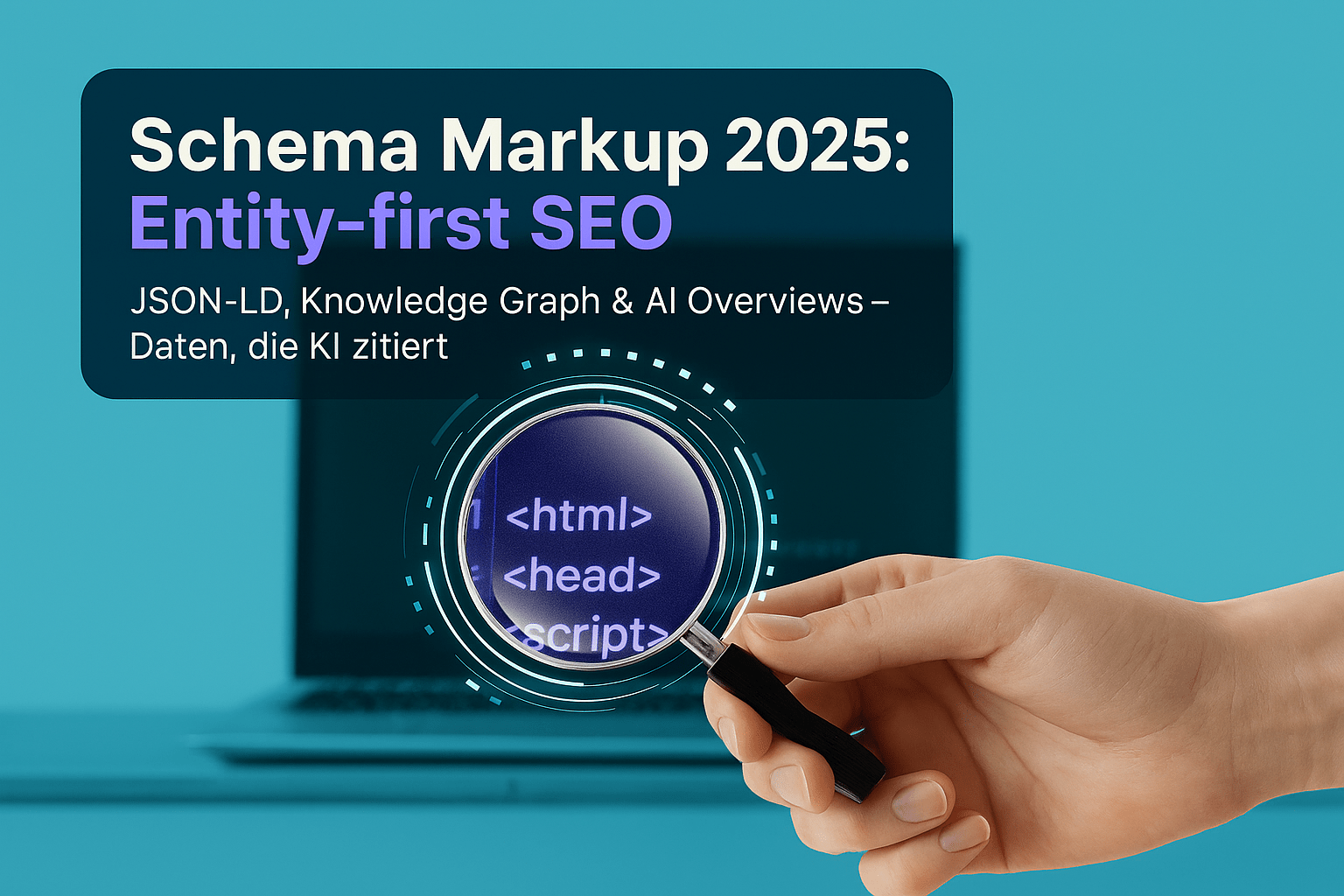 Hand hält eine Lupe über einem Laptop-Bildschirm, auf dem HTML-Code angezeigt wird. Der Text auf dem Bildschirm beschreibt Schema Markup 2025 und Entity-first SEO mit JSON-LD und Knowledge Graph.