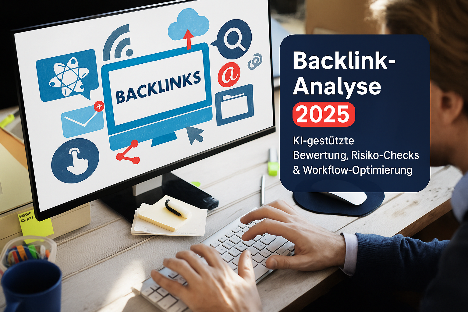 Backlink-Analyse-Tool 2025 auf einem Computerbildschirm, mit grafischen Elementen zur Darstellung von Links, Risiko-Checks und Workflow-Optimierung. Eine Person tippt auf einer Tastatur, während Informationen über KI-gestützte Bewertungen sichtbar sind.