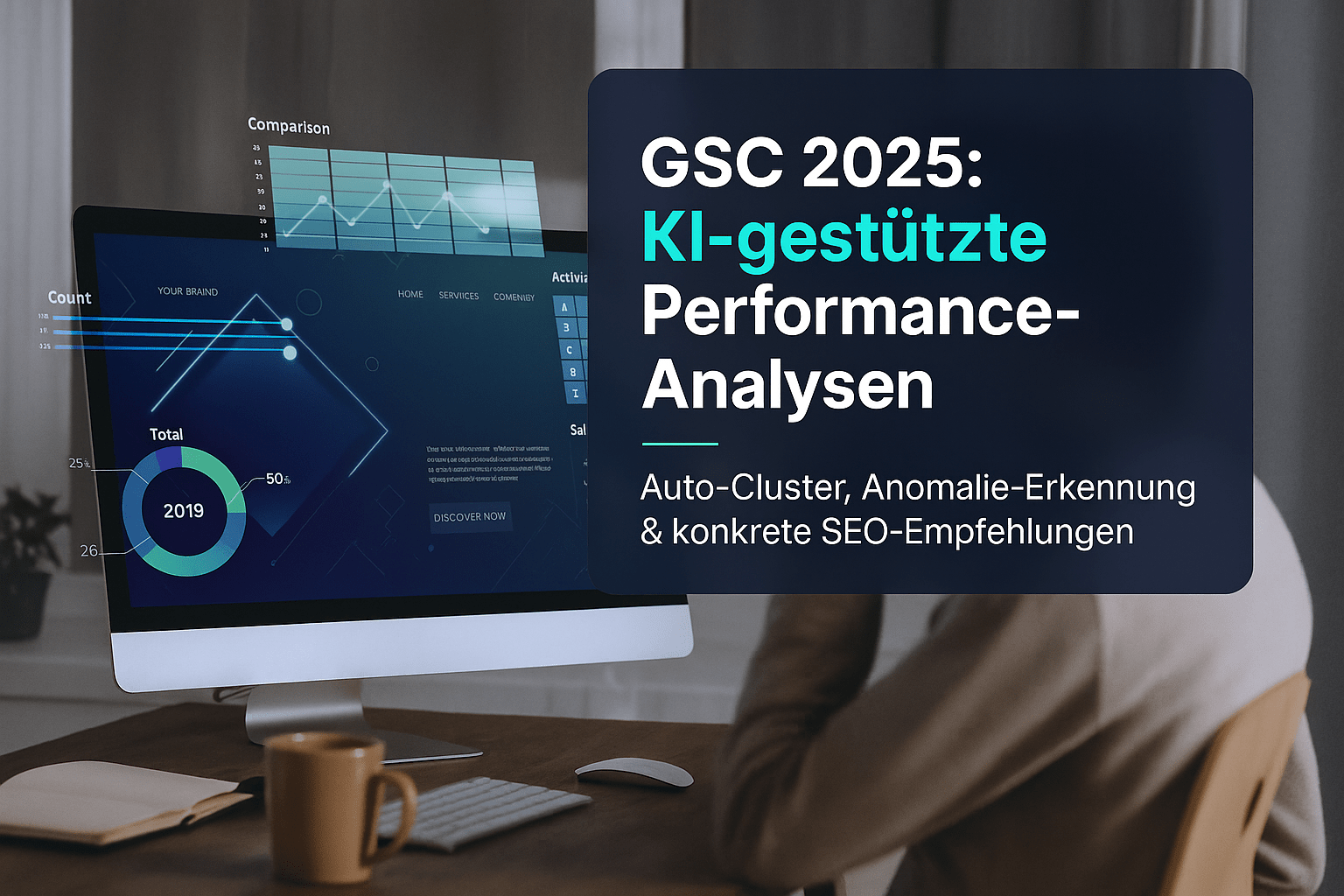 Bildschirmdarstellung der Google Search Console 2025, die KI-gestützte Performance-Analysen zeigt, mit Diagrammen und Statistiken zu Auto-Clustern, Anomalie-Erkennung und SEO-Empfehlungen. Nutzer am Computer während der Analyse von Daten.