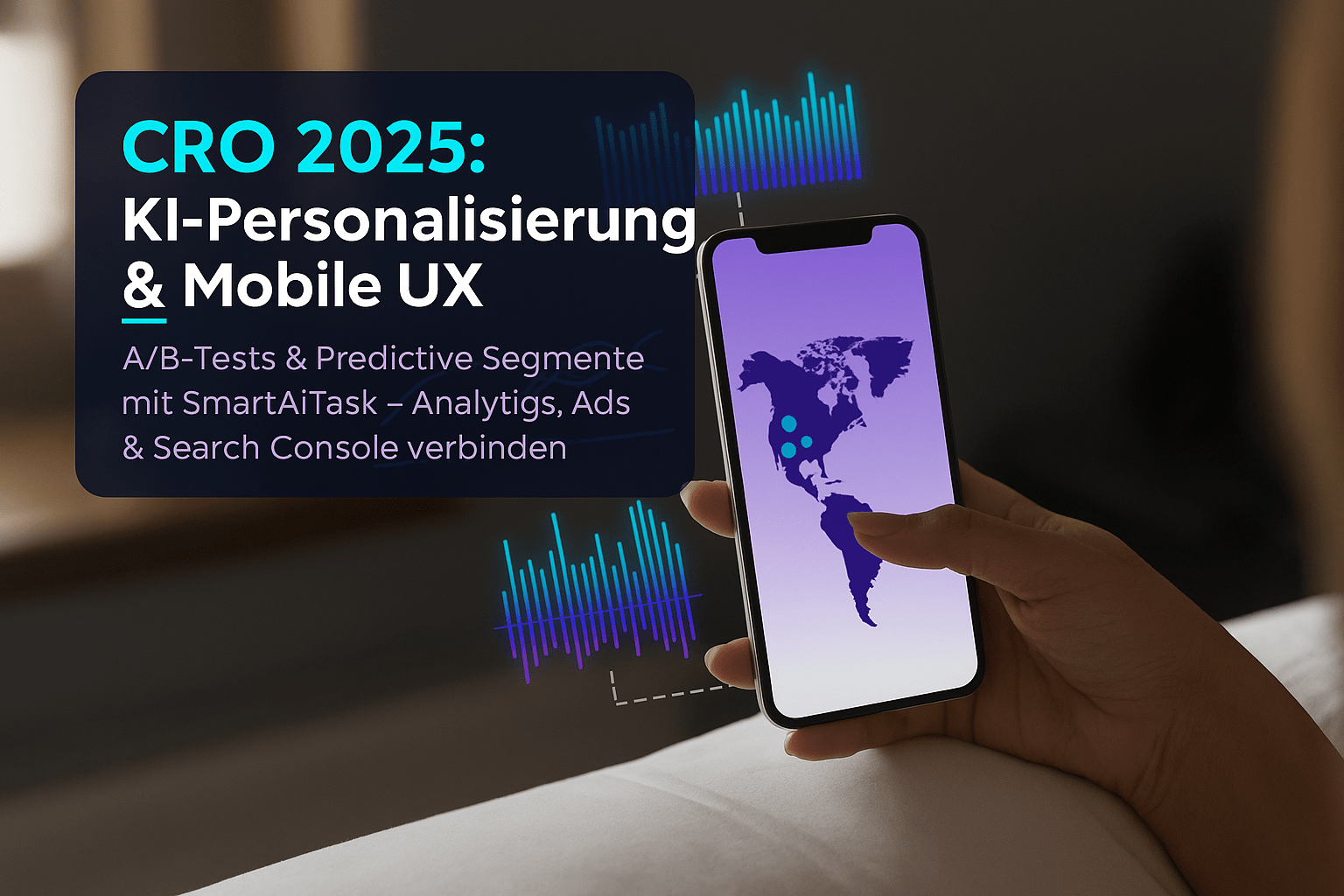 Mobile Smartphone zeigt KI-Personalisierung und Analytics-Dashboard für Conversion Rate Optimierung 2025 an, kombiniert mit A/B-Tests und Predictive Segmenten.