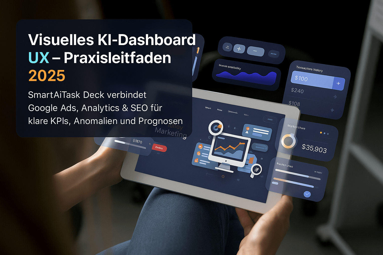 Benutzer betrachtet ein visuelles KI-Dashboard auf einem Tablet, das Daten aus Google Ads, Analytics und SEO für klare KPIs und Prognosen anzeigt.