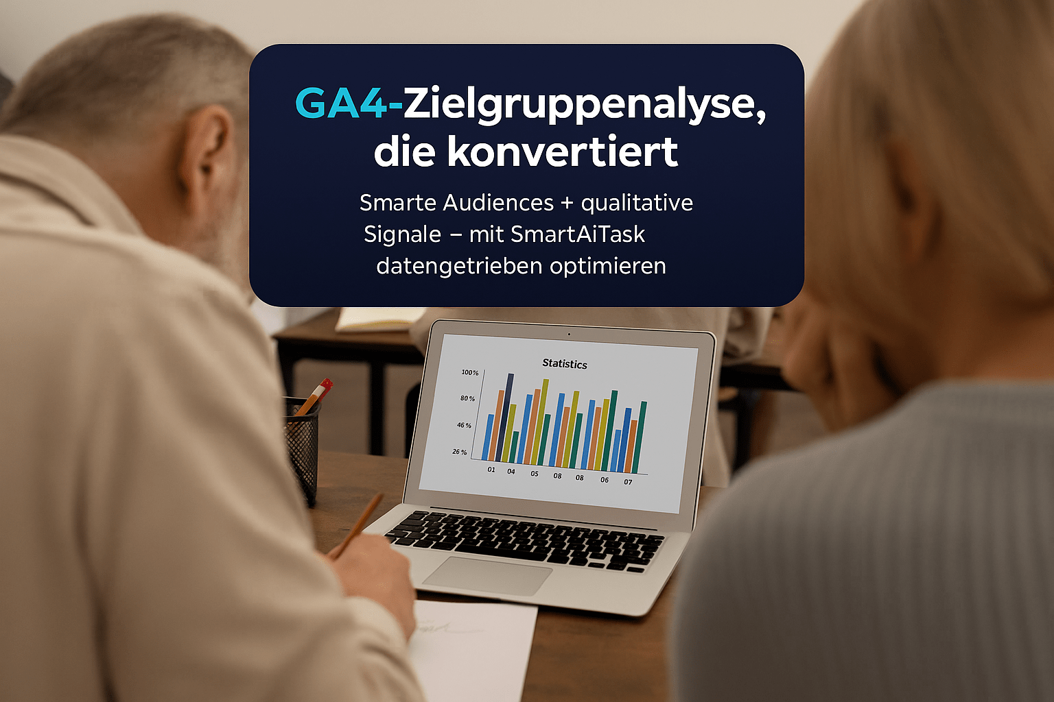 GA4-Zielgruppenanalyse auf einem Laptop-Bildschirm mit Statistiken und Diagrammen. Eine Person in einem Seminarumfeld macht sich Notizen. Der Fokus liegt auf datengestützten Marketing-Strategien mit SmartAiTask.