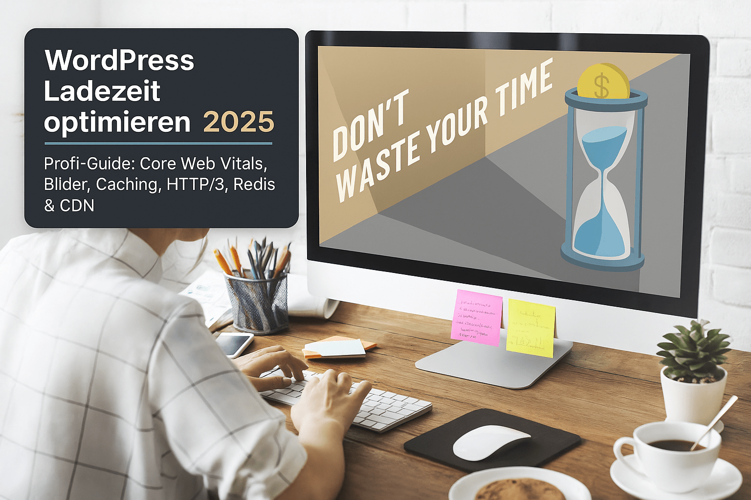 Computerbildschirm mit dem Text "WordPress Ladezeit optimieren 2025" und einer Sanduhrgrafik mit der Aufschrift "DON'T WASTE YOUR TIME"; Person arbeitet an der Tastatur, neben dem Monitor sind bunte Haftnotizen und eine Zimmerpflanze sichtbar.