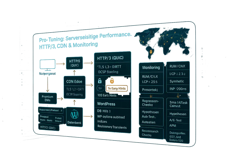 Isometrisches Diagramm einer WordPress-Architektur, das Serverseitige Performance-Optimierung durch HTTP/3, CDN und Monitoring zeigt; inkludiert Elemente wie CON Edo, TLS, Early Hints, WordPress-Datenbank und verschiedene Monitoring-Parameter; grafische Darstellung mit klaren Datenflüssen und relevanten Labels für technische Aspekte.