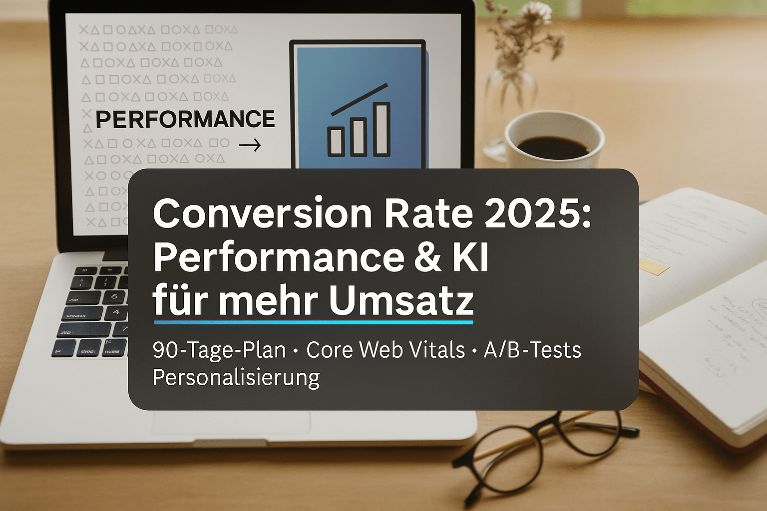 Laptop mit einem grafischen Diagramm zu „Performance“, darunter der Text „Conversion Rate 2025: Performance & KI für mehr Umsatz“ sowie zusätzliche Punkte wie „90-Tage-Plan“, „Core Web Vitals“, „A/B-Tests“ und „Personalisierung“.