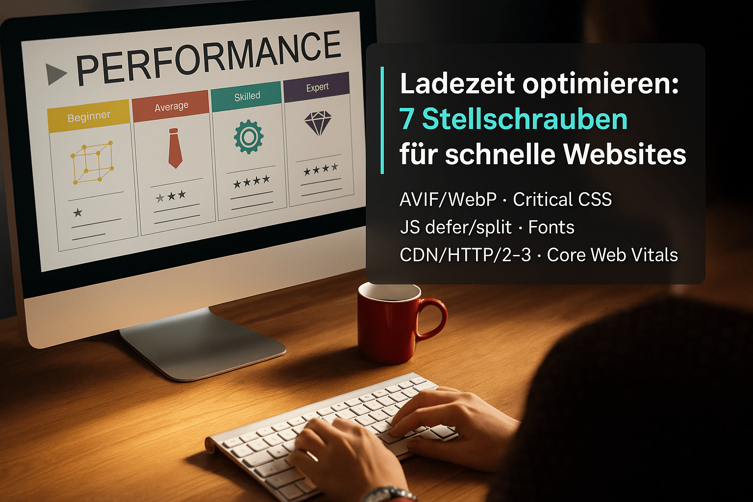 Monitor zeigt die Überschrift "Ladezeit optimieren: 7 Stellschrauben für schnelle Websites" mit einer Liste von Optimierungsstrategien und einer Person, die an einer Tastatur tippt.