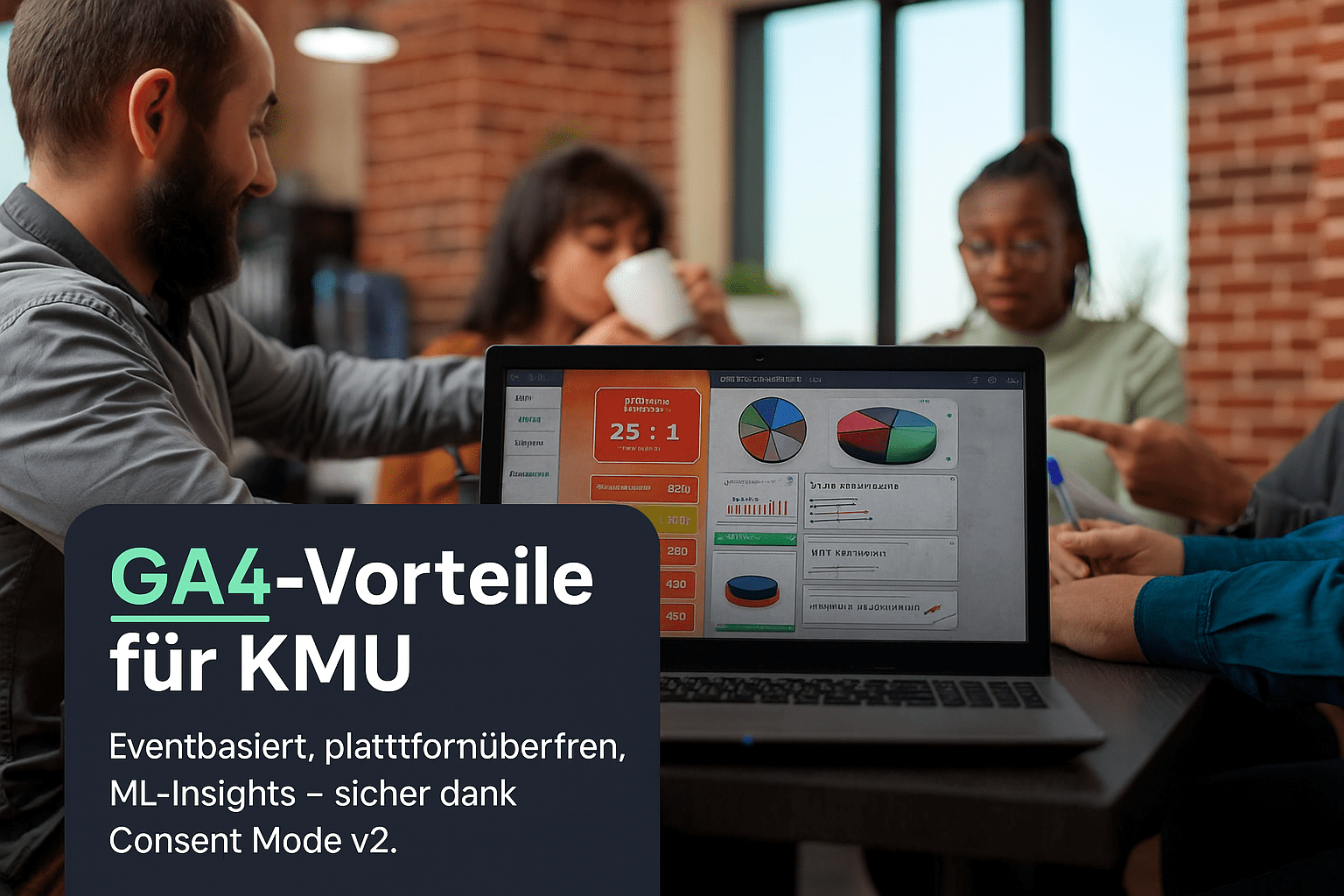 Geschäftsteam analysiert Google Analytics 4 Daten auf einem Laptop mit Diagrammen und Statistiken, während sie strategische Entscheidungen für KMU diskutieren.
