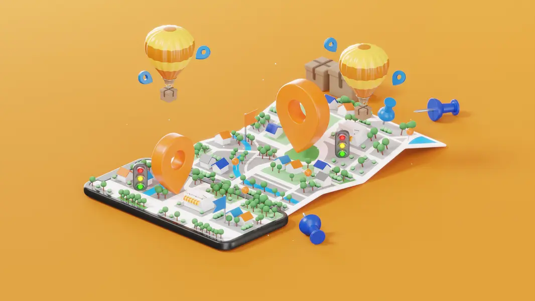 3D-grafische Darstellung einer digitalen Karte auf einem Smartphone, umgeben von bunten Luftballons, markierten Orten und anderen grafischen Elementen, die lokale Navigation und Standortvisualisierung symbolisieren.