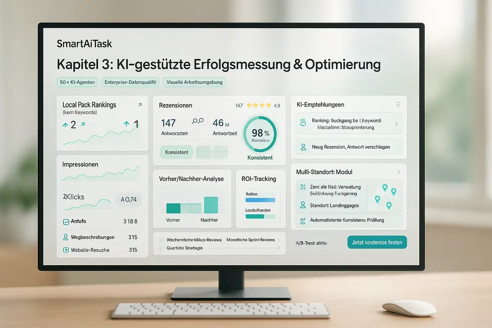 Dashboard von SmartAiTask zur KI-gestützten Erfolgsmessung und Optimierung, das lokale Ranking-KPIs und Analysedaten anzeigt, einschließlich Rezensionen, Impressionen, Klicks und Handlungsempfehlungen für Local SEO.