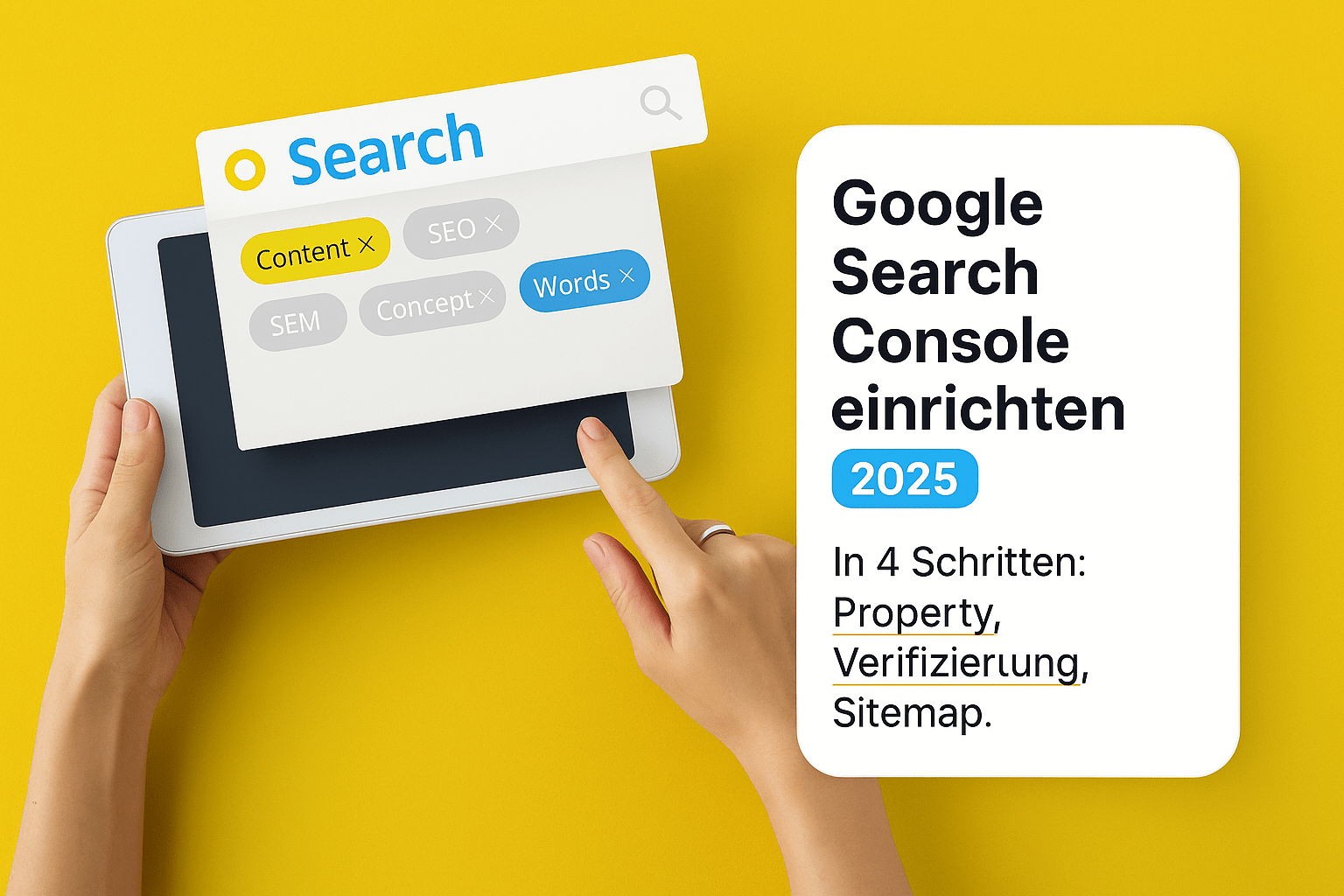 Google Search Console Anleitung auf einem Tablet; Suchbegriffe wie "SEO", "Content", und "SEM" hervorgehoben; gelber Hintergrund; Hand, die das Tablet bedient; informative Darstellung der GSC-Einrichtungsprozesse für 2025.