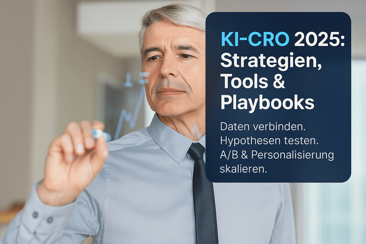 Mann in Hemd zeichnet Grafiken auf einer transparenten Oberfläche und analysiert datenbasierte Strategien zur Conversion-Optimierung mit KI. Titel des Bildes: KI-CRO 2025, mit Fokus auf Strategien, Tools und Playbooks für A/B-Tests und Personalisierung im Marketing.