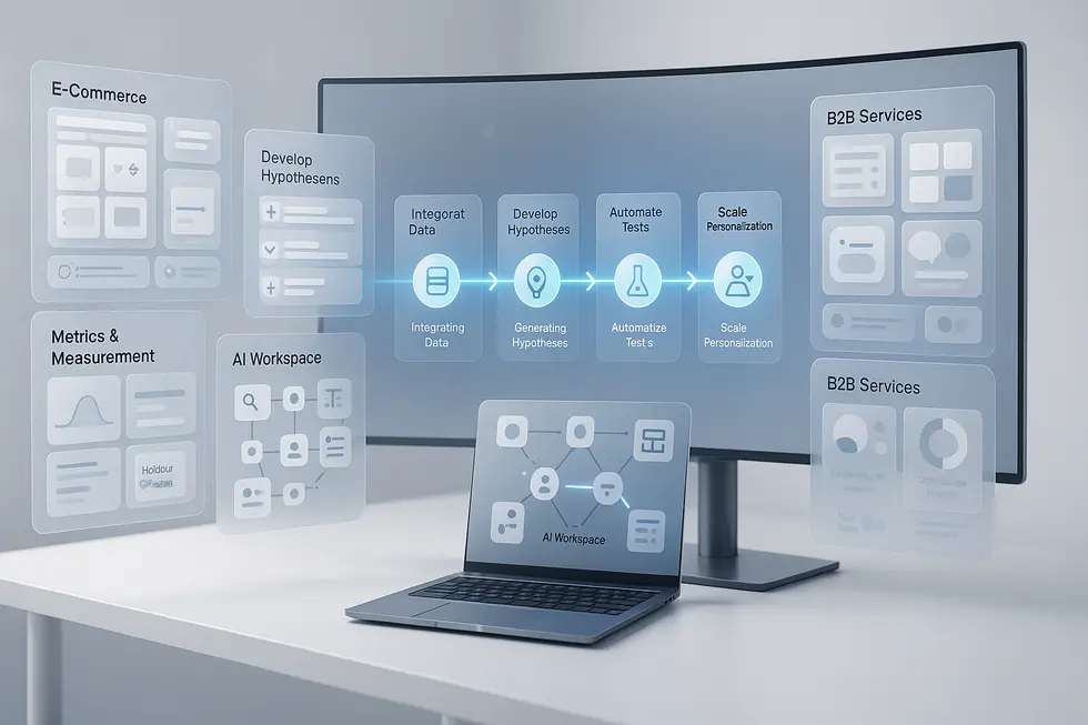Isometrisches Flowchart einer KI-gesteuerten Conversion-Rate-Optimierungs-Pipeline, die die Integration von Datenquellen, das Generieren von Hypothesen, die Automatisierung von Tests und die Skalierung von Personalisierung darstellt; moderne Benutzeroberfläche mit dunklem Design und Akzentfarben in Türkis und Violett, visualisiert auf einem Computerbildschirm und Laptop; Bereiche für E-Commerce, B2B-Dienste, Metriken und KI-Workspace sind sichtbar.