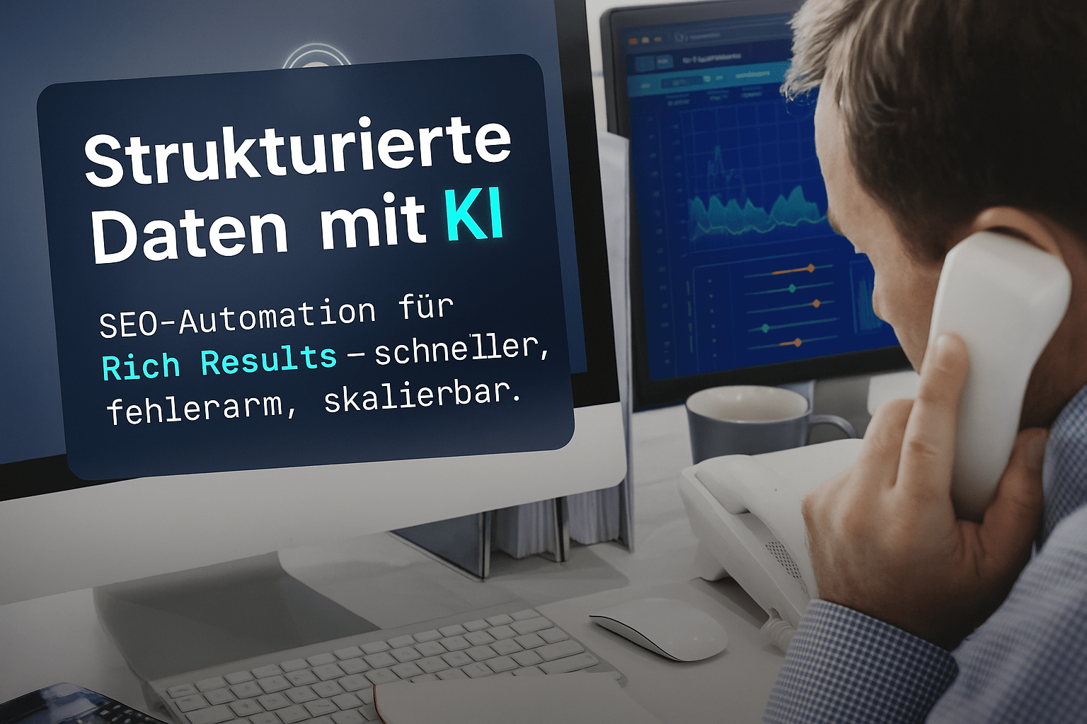 Person am Schreibtisch, die mit einem Telefon telefoniert, während auf dem Computerbildschirm der Text "Strukturierte Daten mit KI: SEO-Automation für Rich Results – schneller, fehlerarm, skalierbar." angezeigt wird.