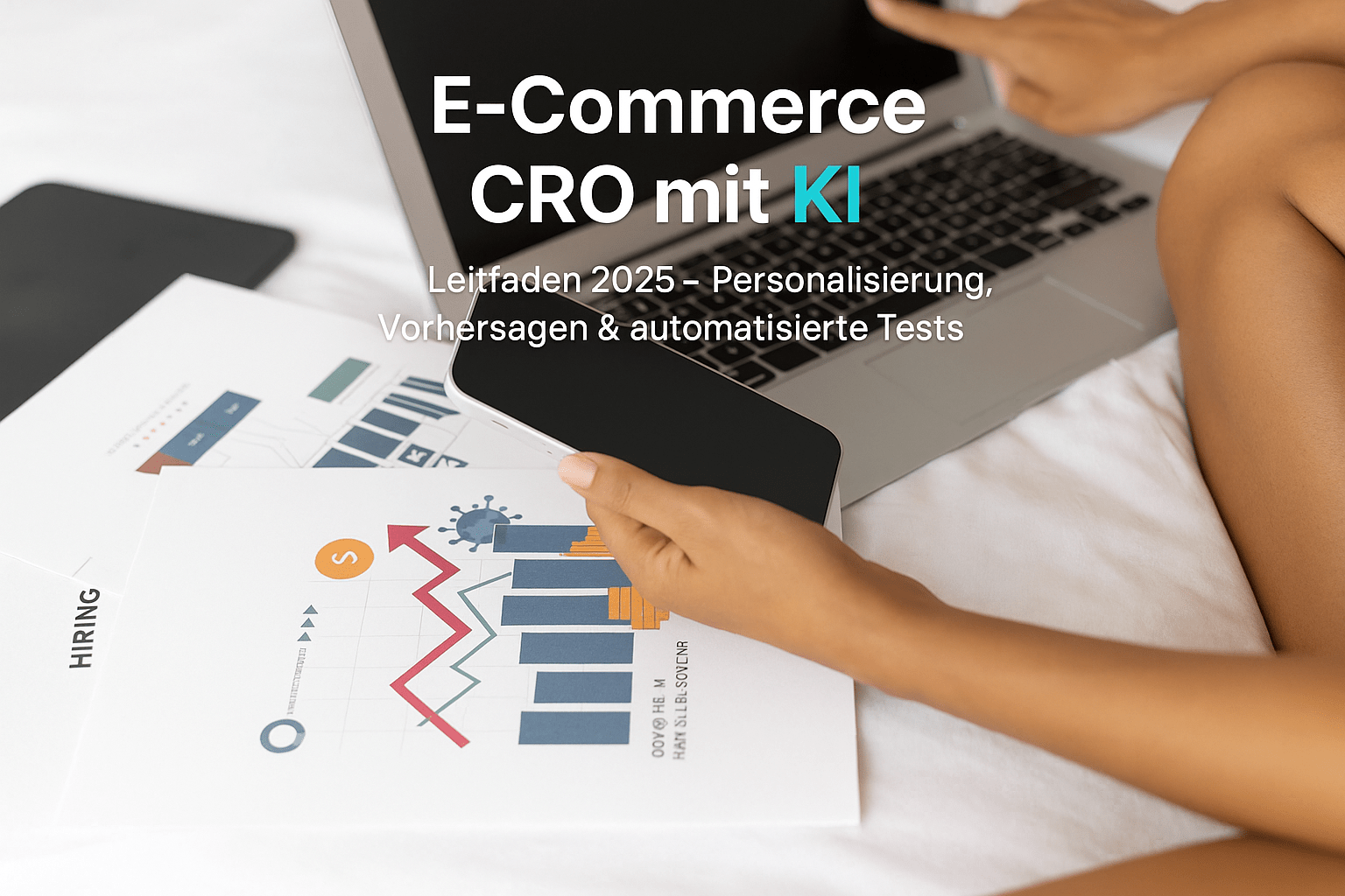 Person sitzt an einem Tisch mit einem Laptop und hält ein Smartphone, umgeben von Dokumenten mit Grafiken und Diagrammen zur E-Commerce Conversion Rate Optimierung mit KI.