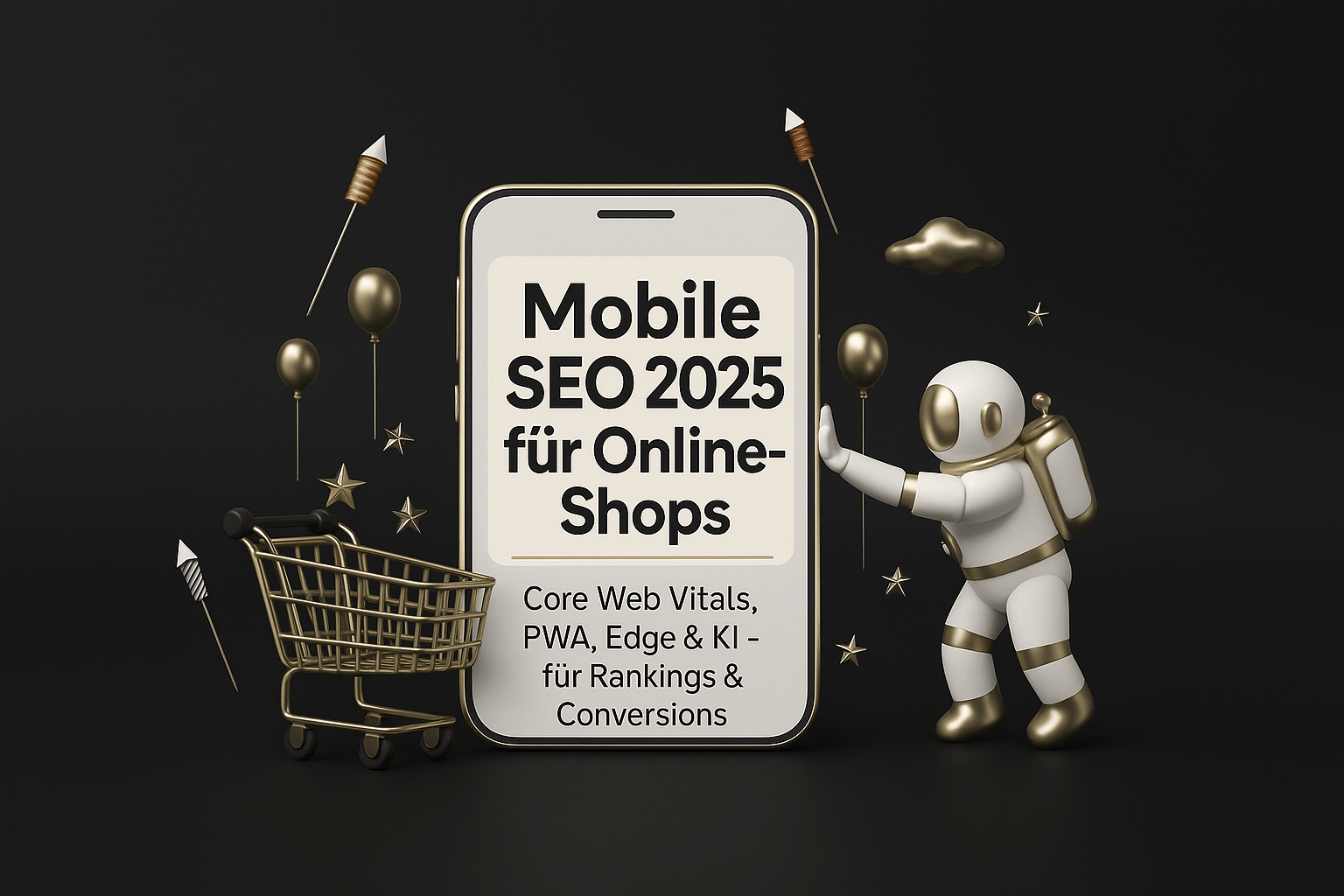 Mobile SEO 2025 für Online-Shops mit einem Smartphone, einem goldenen Einkaufswagen, einem Astronauten und dekorativen Elementen wie Ballons und Sternen.