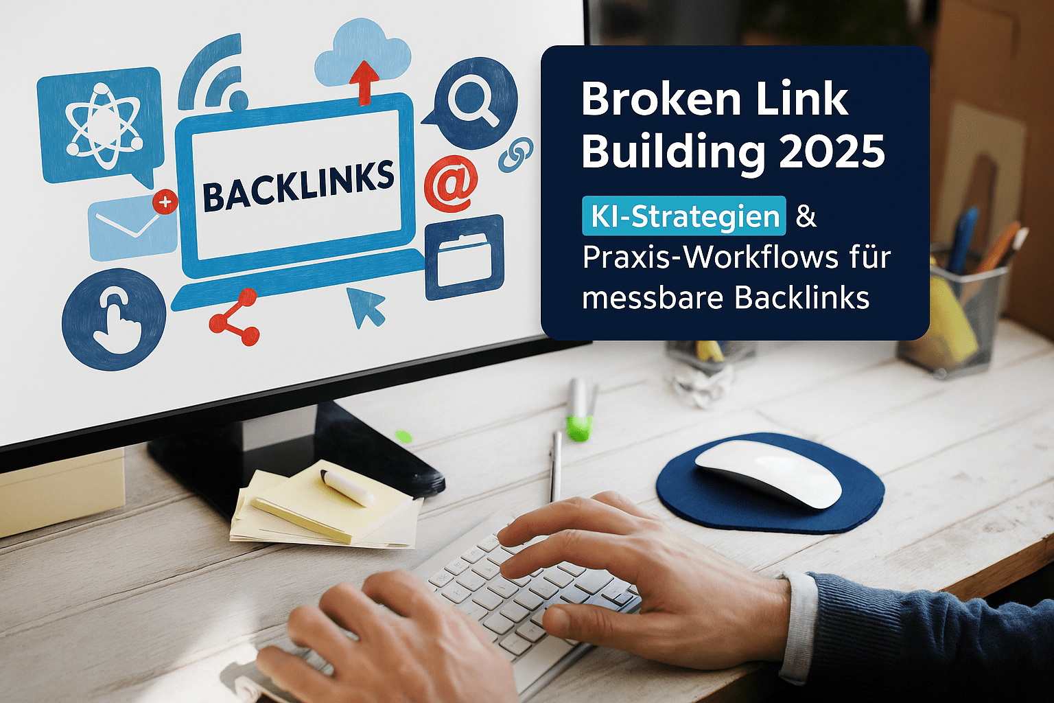 Bildschirm mit der Aufschrift "Backlinks" und Symbolen, die KI-Strategien und Praxis-Workflows für Broken Link Building 2025 darstellen, während eine Hand auf einer Tastatur tippt.