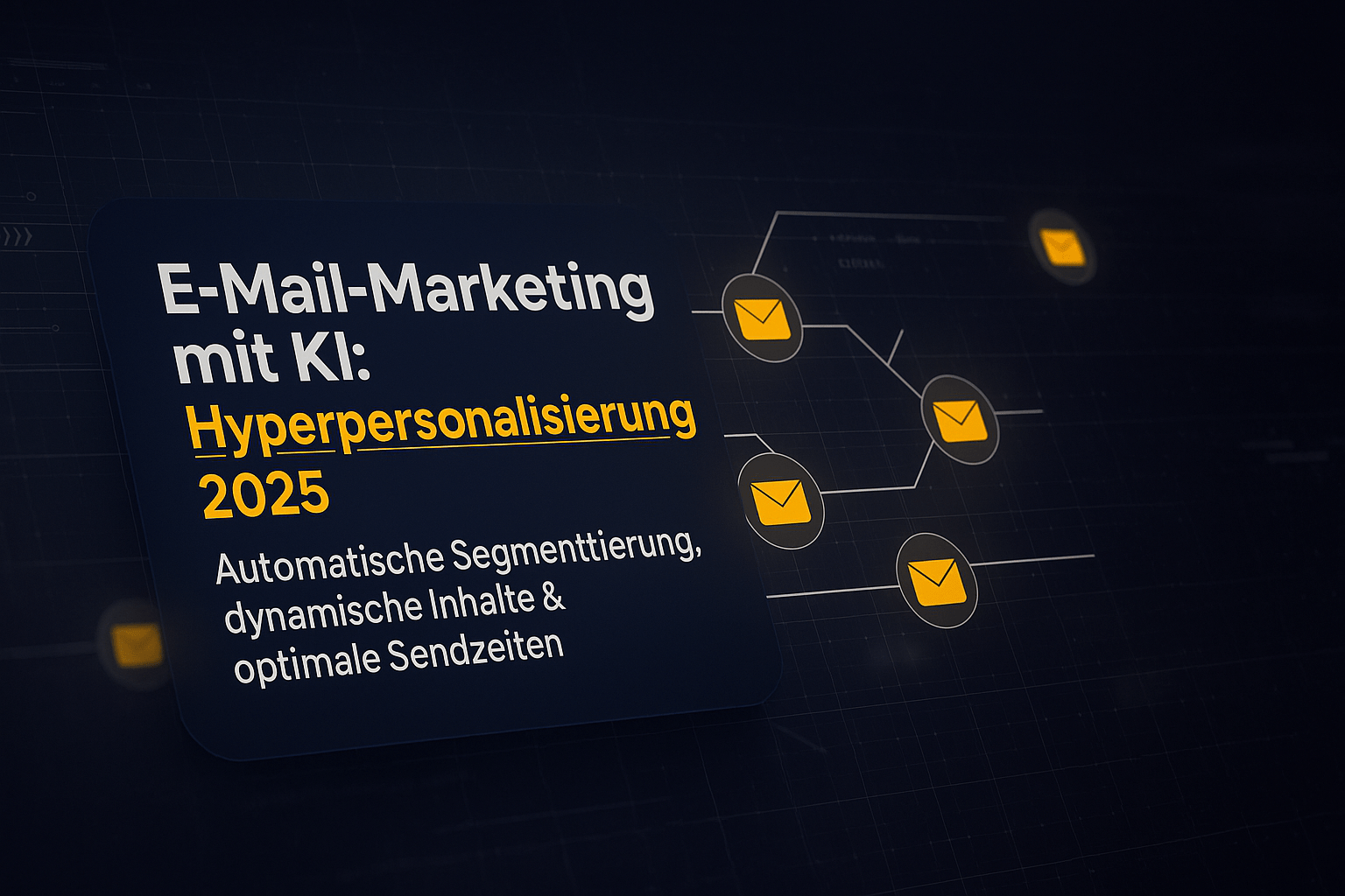 Grafische Darstellung des Themas "E-Mail-Marketing mit KI: Hyperpersonalisierung 2025", mit Fokus auf automatische Segmentierung, dynamische Inhalte und optimale Sendezeiten, begleitet von Symbolen für E-Mails.
