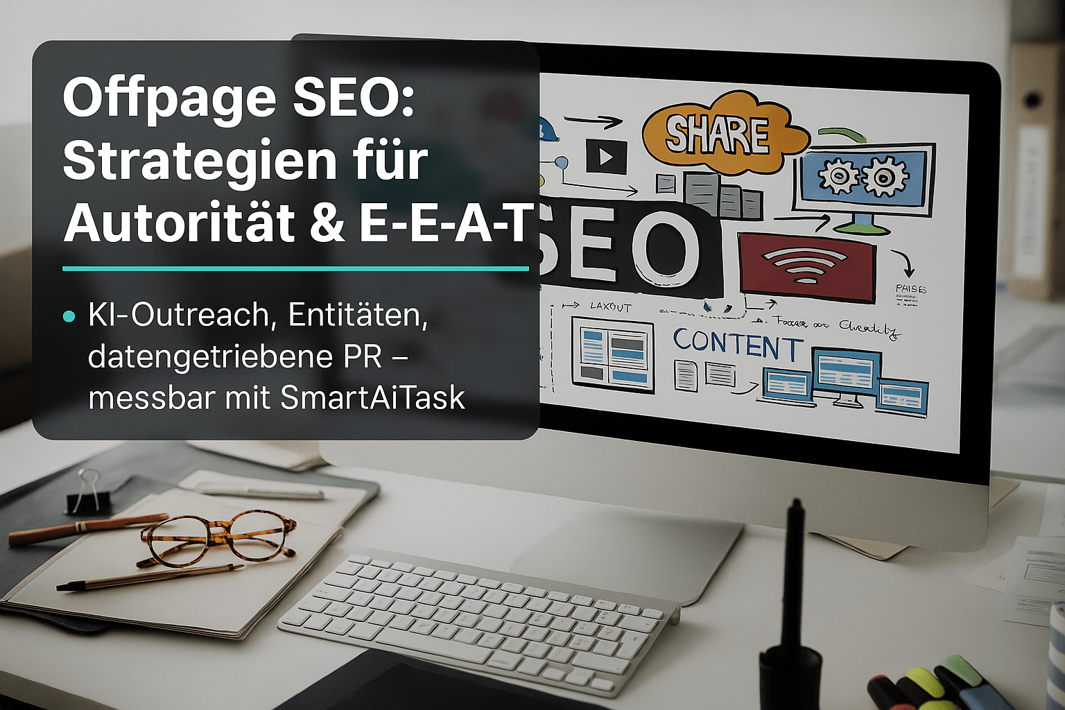 Computerbildschirm mit einem grafischen Konzept zu Offpage SEO, das Strategien für Autorität und E-E-A-T sowie Elemente wie KI-Outreach und datengetriebene PR zeigt.