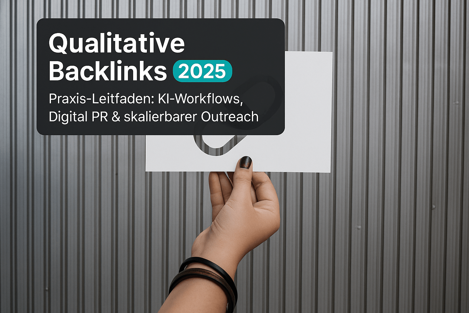 Hand hält eine weiße Karte mit dem Text "Qualitative Backlinks 2025: Praxis-Leitfaden: KI-Workflows, Digital PR & skalierbarer Outreach" vor einer strukturierten grauen Wand.