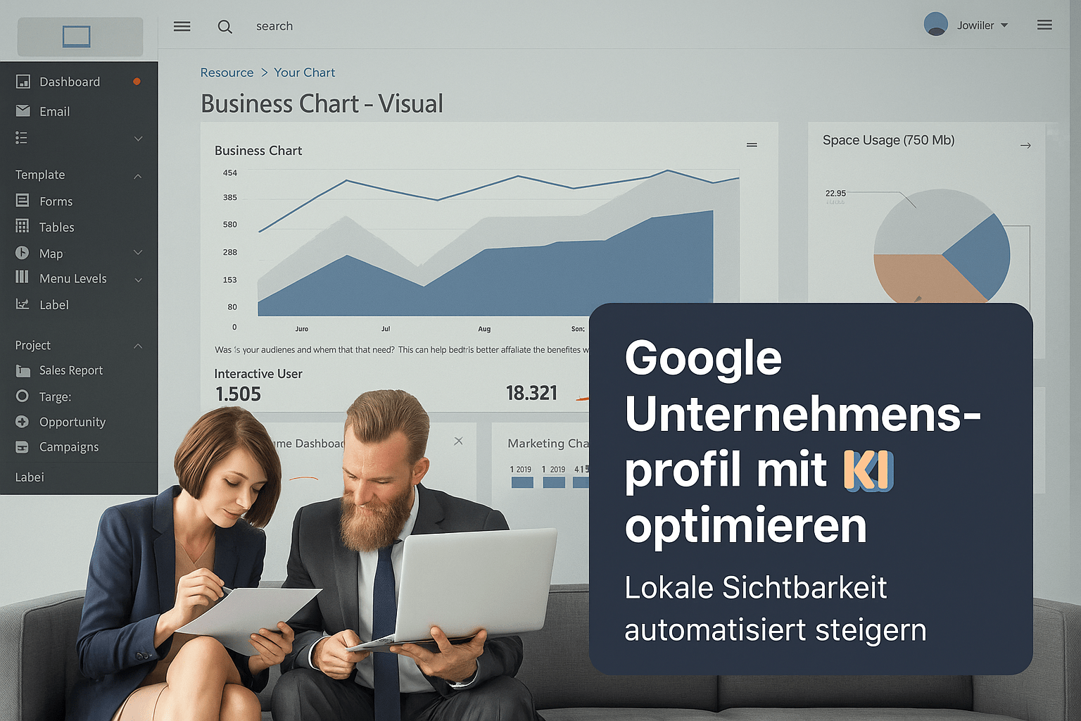 Zwei Geschäftspersonen analysieren Daten auf einem Laptop und einem Tablet vor einem digitalen Dashboard mit Grafiken zur Geschäftsanalyse. Textüberlagerung beschreibt die Optimierung des Google Unternehmensprofils mit KI zur Steigerung der lokalen Sichtbarkeit.