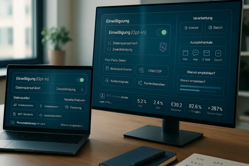Zwei Bildschirme zeigen eine Benutzeroberfläche für die KI-Personalisierung mit DSGVO-konformen Funktionen. Auf dem Laptop wird die Einwilligung (Opt-in) mit Optionen wie Datensparsamkeit und Zweckbindung angezeigt, während der Desktop-Bildschirm Details zu Datenquellen und Ausspielkanälen präsentiert. Statistiken zu Conversion-Rate und Retention sind ebenfalls sichtbar, integriert in eine moderne Arbeitsumgebung.