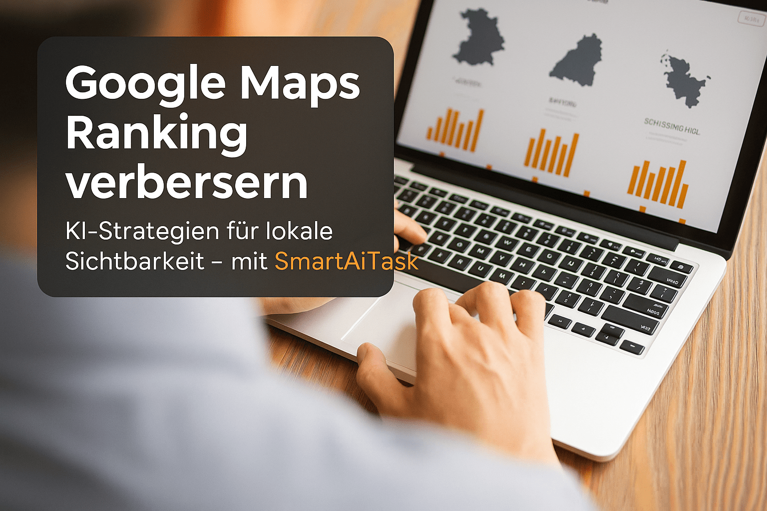 Person arbeitet an einem Laptop mit dem Bildschirmtext "Google Maps Ranking verbessern - KI-Strategien für lokale Sichtbarkeit – mit SmartAiTask".