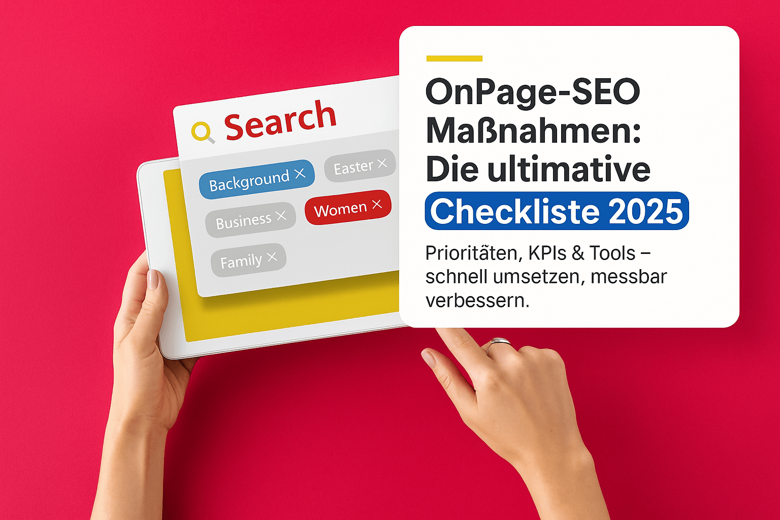 Tablet in Händen einer Person mit Suchfeld und Auswahlmöglichkeiten für OnPage-SEO Maßnahmen, inklusive "Background", "Business", "Family" und "Women", vor rotem Hintergrund. Textfeld hebt die "ultimative Checkliste 2025" hervor, einschließlich Prioritäten, KPIs und Tools für SEO-Optimierung.