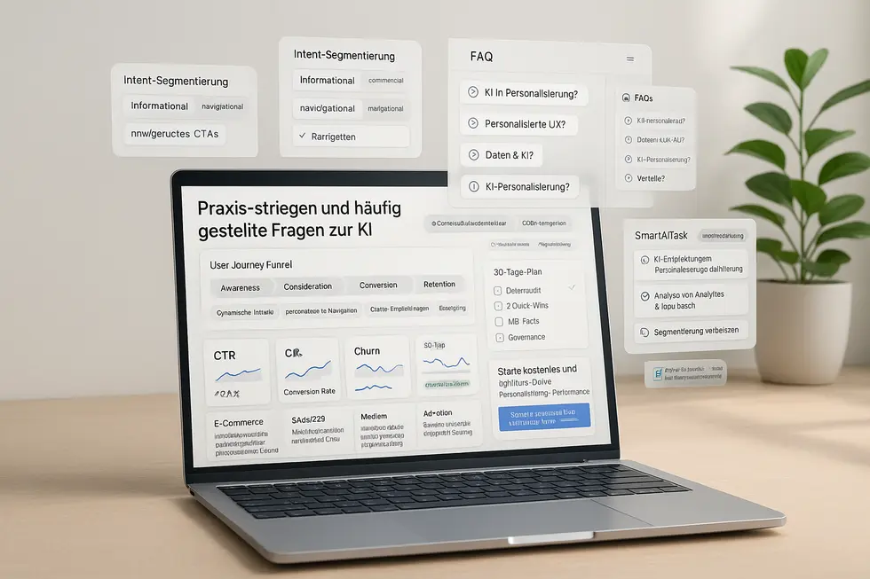 Dashboard-Ansicht eines Laptops mit Informationen zur KI-Personalisierung, einschließlich User Journey Funnel, Intent-Segmentierung, FAQ-Bereich und KPIs wie CTR und Conversion Rate, umgeben von einer modernen Benutzeroberfläche und interaktiven Elementen.