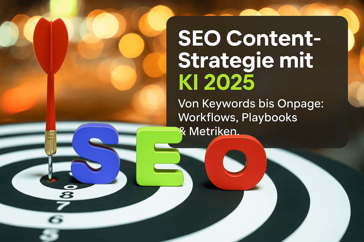 Abbildung einer Dartpfeil, der in der Mitte einer Zielscheibe steckt, umgeben von den bunten Buchstaben „SEO“, mit einem verschwommenen, lichtintensiven Hintergrund und Text über SEO-Content-Strategie 2025.