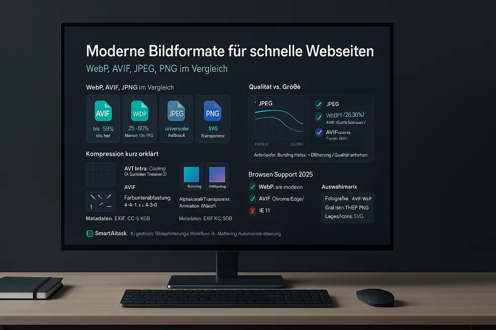 Moderne Bildformate für schnelle Webseiten im Vergleich: WebP, AVIF, JPEG, PNG; Übersicht über Kompression, Qualität und Browser-Support; detaillierte Informationen zu Anwendungsmöglichkeiten und optimalem Einsatz von Bildern in der Web-Entwicklung.
