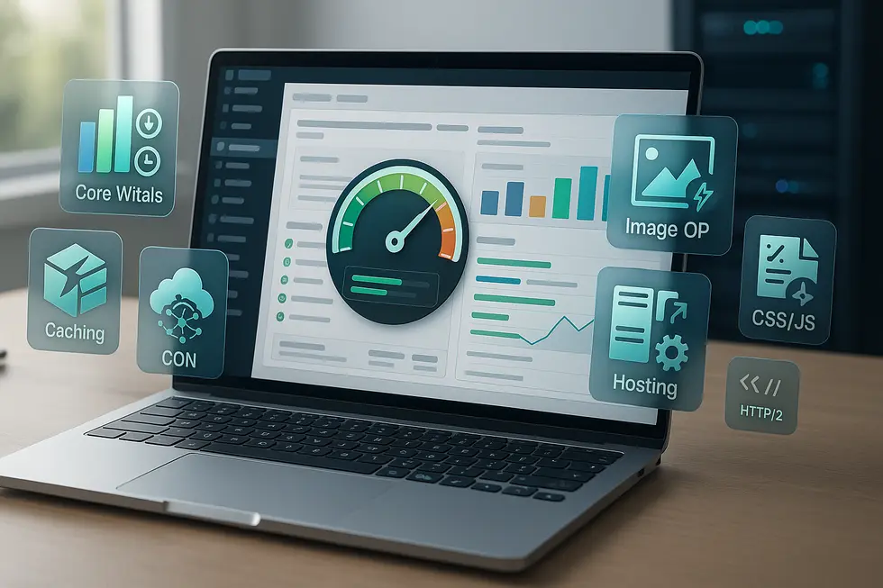 Laptop mit Bildschirm, der eine Benutzeroberfläche zur WordPress Performance Optimierung zeigt, einschließlich Visualisierungen von Core Web Vitals, Caching, Hosting, Bildoptimierung (Image OP) sowie CSS/JS-Optimierungen und HTTP/2.