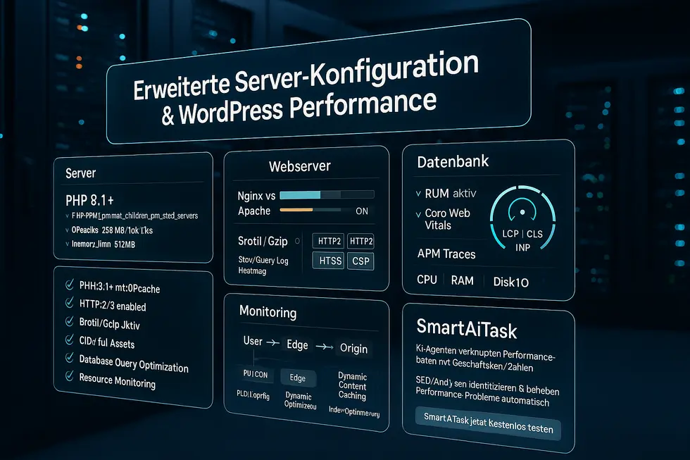 Erweiterte Server-Konfiguration und WordPress Performance Dashboard mit wichtigen technischen Informationen zu Servereinstellungen, Webserver-Optimierung, Datenbankmanagement, Monitoring-Strategien und SmartAiTask-KI-Agenten zur Verbesserung der Website-Performance.