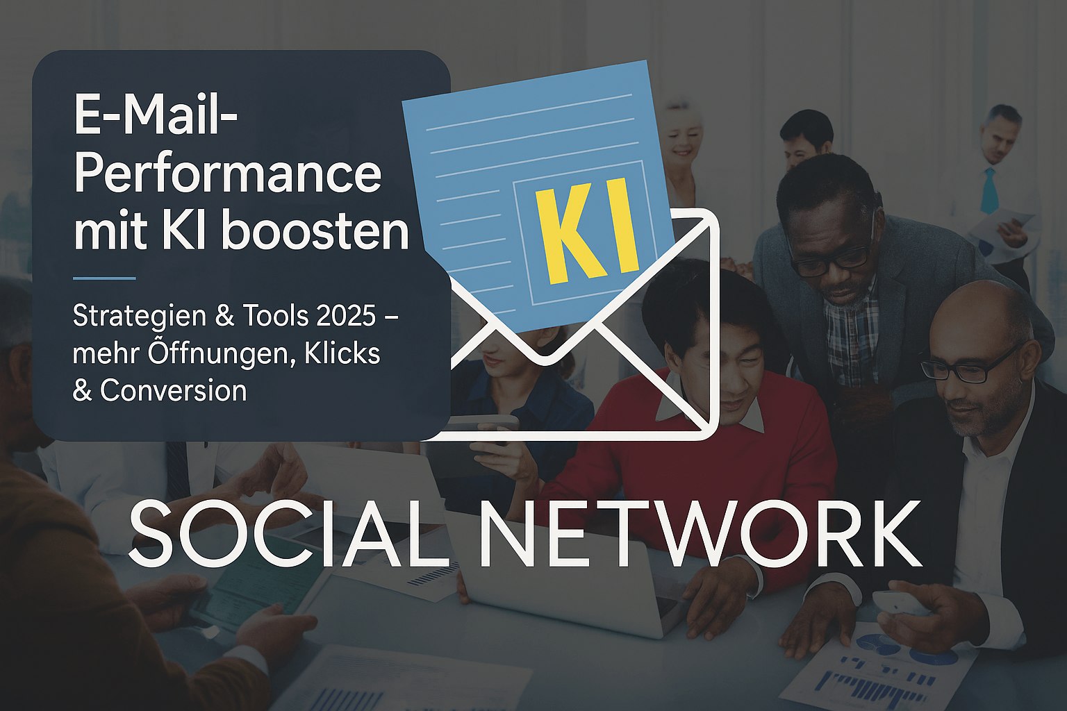 E-Mail-Marketing Performance steigern mit KI: Strategien und Tools für 2025 zur Verbesserung von Öffnungsraten, Klicks und Conversion. Gruppe von Personen bei der Zusammenarbeit an digitalen Geräten in einem professionellen Umfeld.