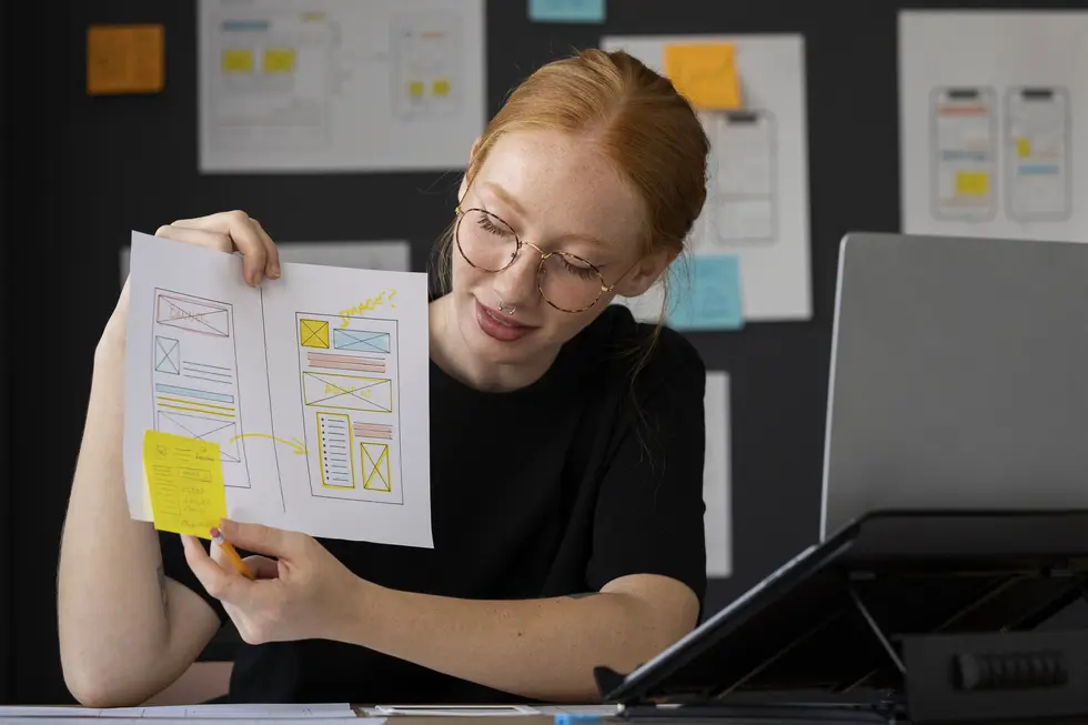 Eine Person mit roten Haaren und Brille zeigt ein Blatt Papier mit Skizzen von Wireframes und Notizen zur User Experience. Im Hintergrund sind weitere Skizzen und Post-it-Notizen zu sehen, die den kreativen Prozess der UX-Forschung und -Gestaltung darstellen. Der Fokus liegt auf der Visualisierung von Ideen und Konzepten im Bereich UX-Design, wobei der Einsatz von generativer KI und modernen Tools für die Nutzerforschung hervorgehoben wird.