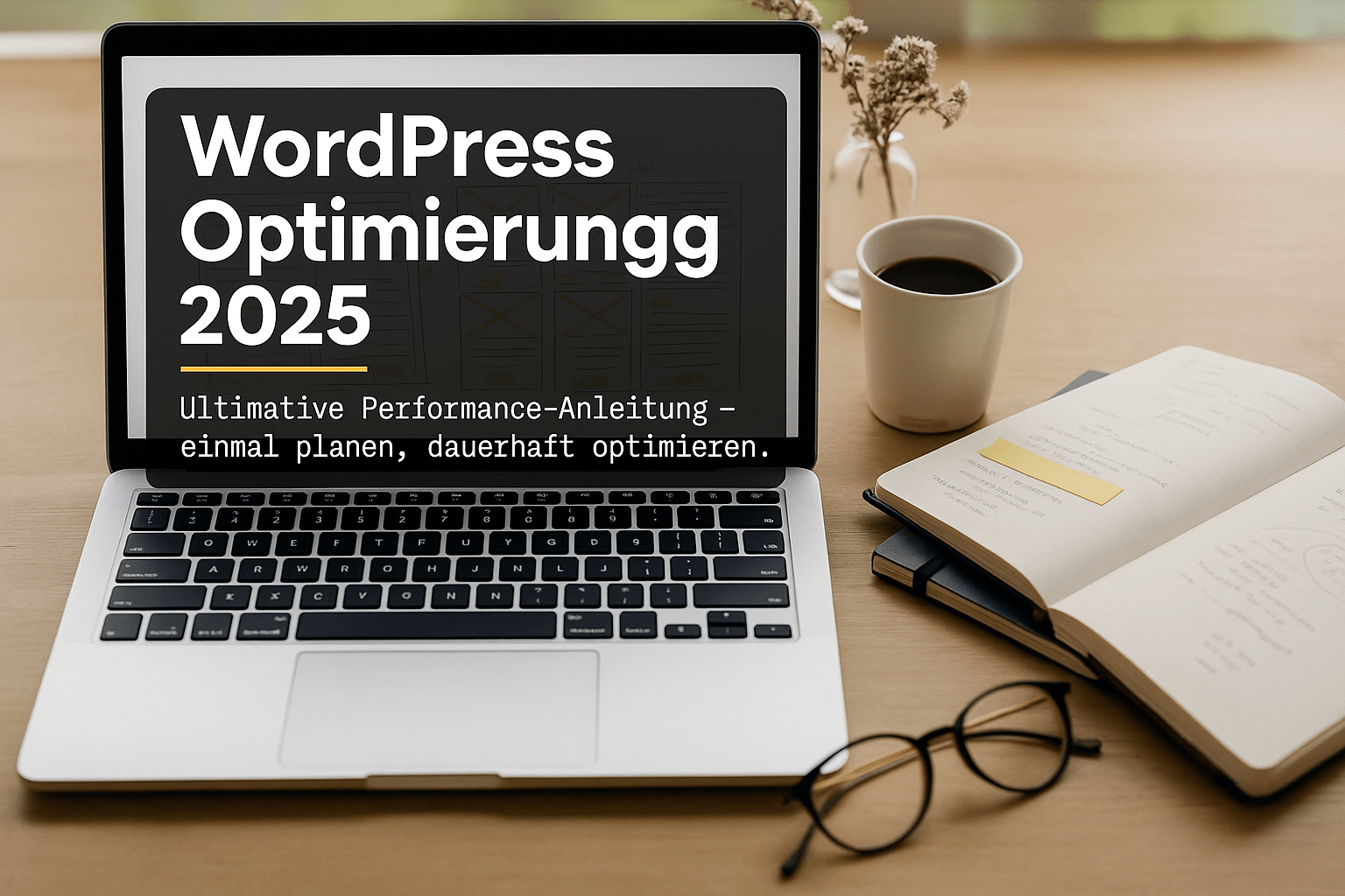 Laptop mit Text zu WordPress-Optimierung 2025 auf dem Bildschirm, im Hintergrund eine Tasse Kaffee und ein aufgeschlagenes Notizbuch.