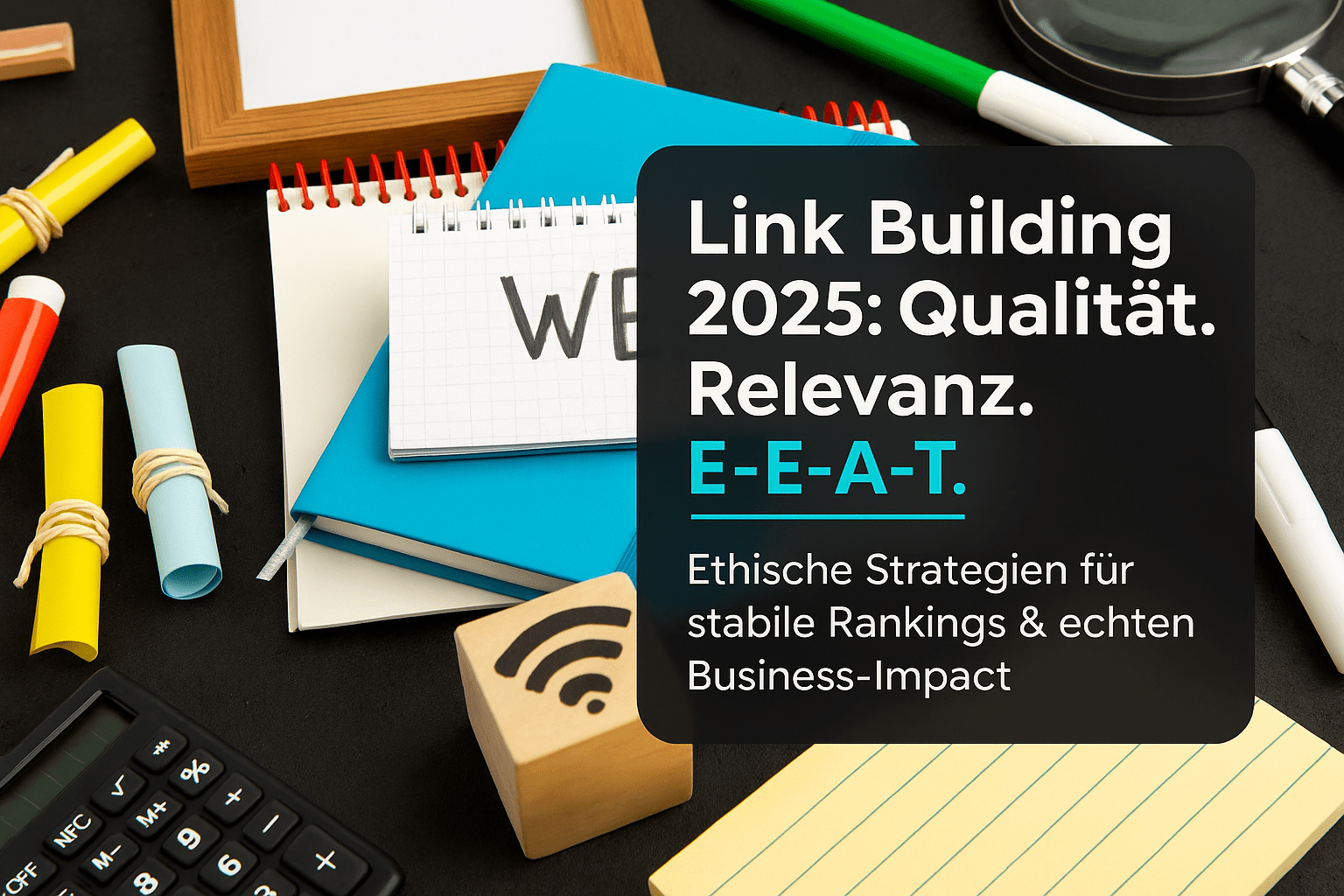 Arbeitsbereich mit Schreibmaterialien, Notizblock und Stift, kombiniert mit einem Text über Link Building Methoden 2025, Fokus auf Qualität und Relevanz.