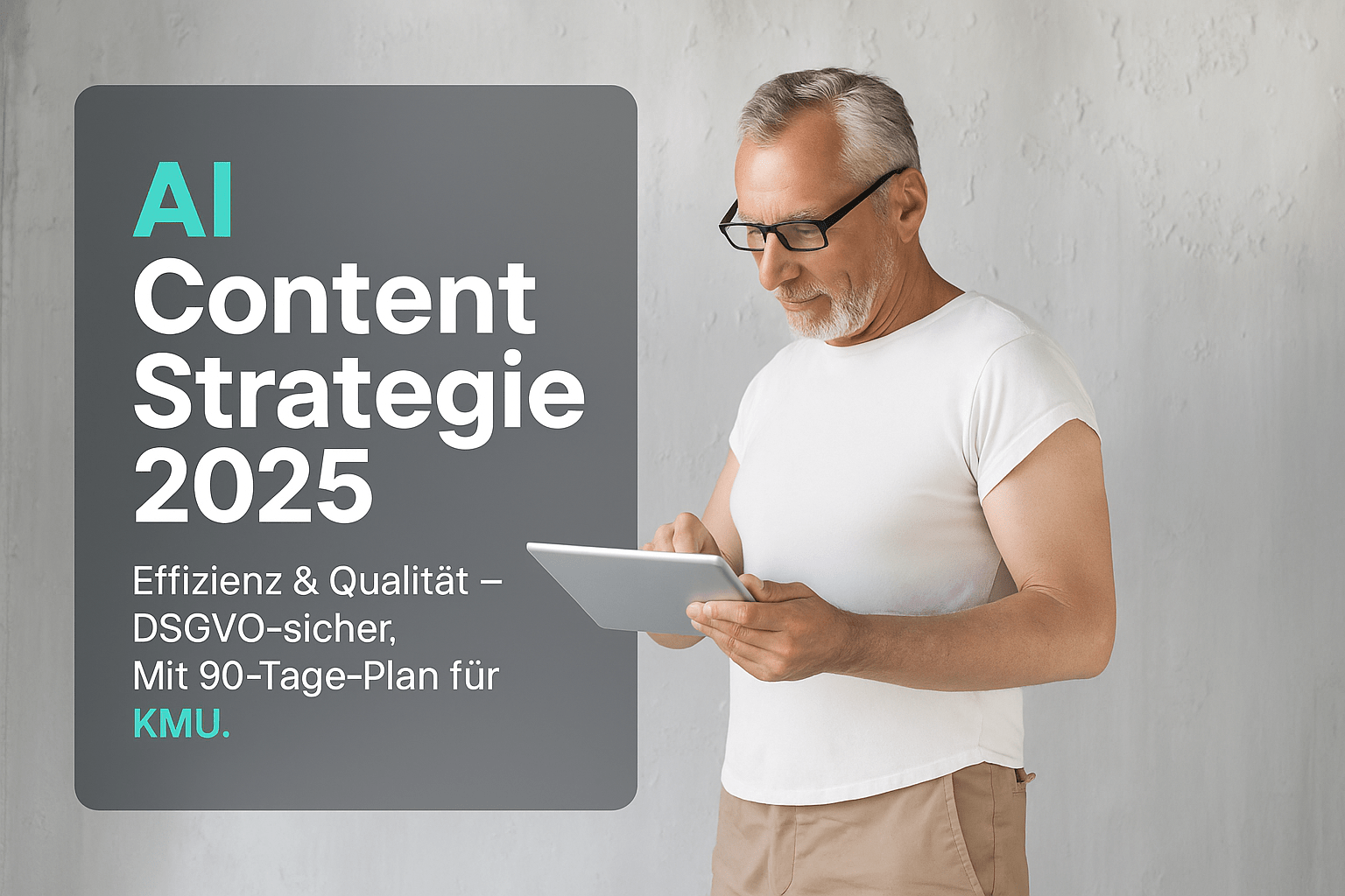 Mann mit Brille und kurzem, weißen Shirt, der ein Tablet hält, mit einem Hintergrund in neutralen Farbtönen. Textinhalt: "AI Content Strategie 2025: Effizienz & Qualität - DSGVO-sicher, mit 90-Tage-Plan für KMU.