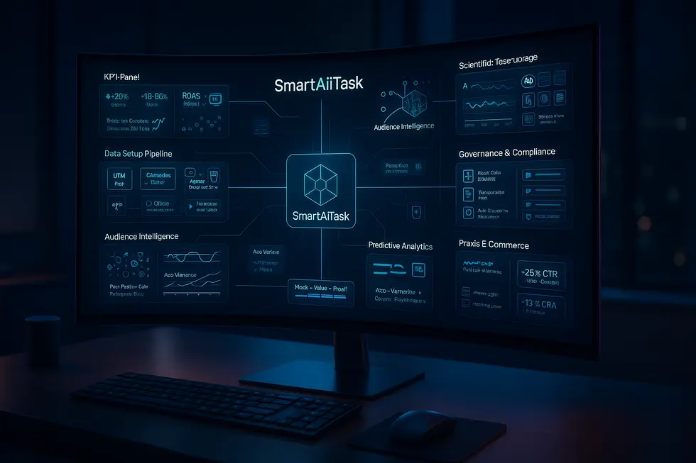 Professionelles KI-Analytics-Dashboard von SmartAiTask für datenbasierte Marketingstrategien in Social Media, zeigt KPI-Panel, Data Setup Pipeline, Audience Intelligence, Predictive Analytics, Governance & Compliance sowie Praxisbeispiele für E-Commerce mit messbaren Ergebnissen.