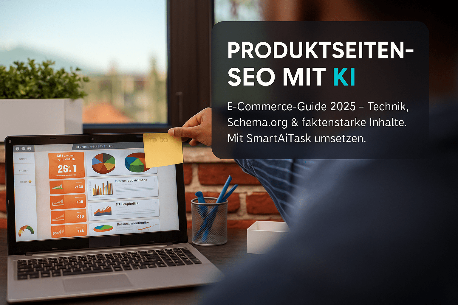 Laptop mit Diagrammen und Statistiken auf dem Bildschirm, einer Person, die einen gelben Zettel hält, und Büromaterial in der Nähe, um die Themen Produktseiten-SEO und KI-E-Commerce darzustellen.