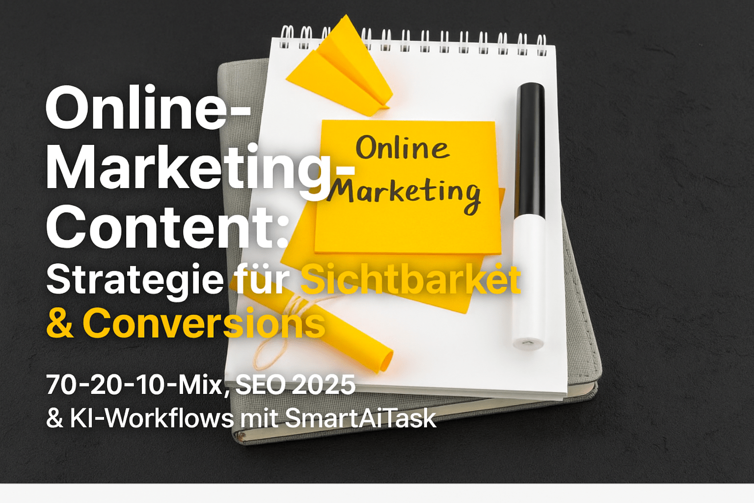 Online-Marketing Content Konzept mit Notizblock, gelben Haftnotizen und einem Marker auf einem schwarzen Untergrund, der Strategien für Sichtbarkeit und Conversions thematisiert.