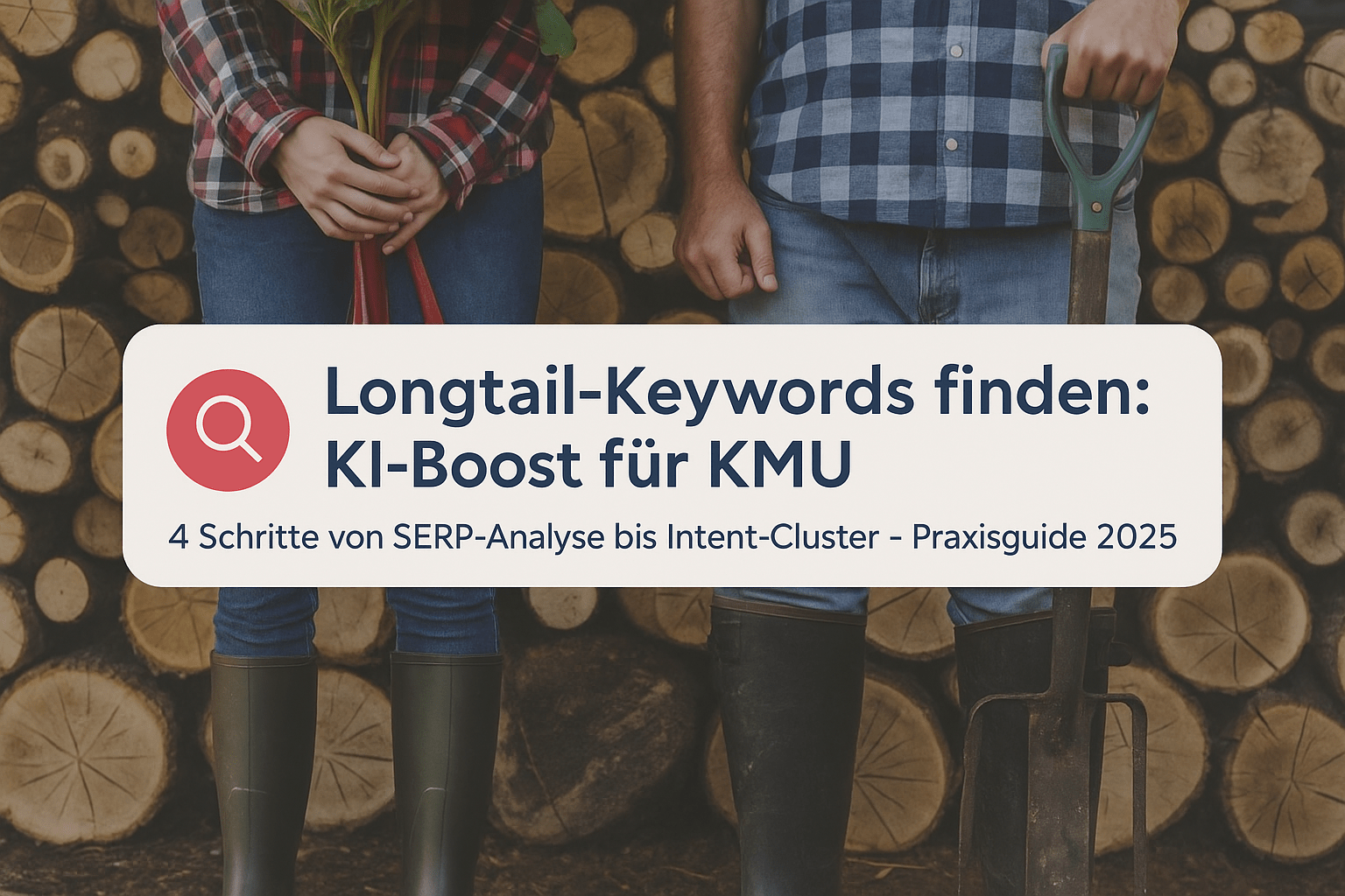 Zwei Personen mit Gummistiefeln stehen in einer Umgebung mit Holzscheiten, während sie Werkzeuge und Pflanzen in der Hand halten. Im Vordergrund ist der Titel "Longtail-Keywords finden: KI-Boost für KMU" prominent abgebildet, begleitet von einer Kurzbeschreibung zu den Schritten der Keyword-Analyse.