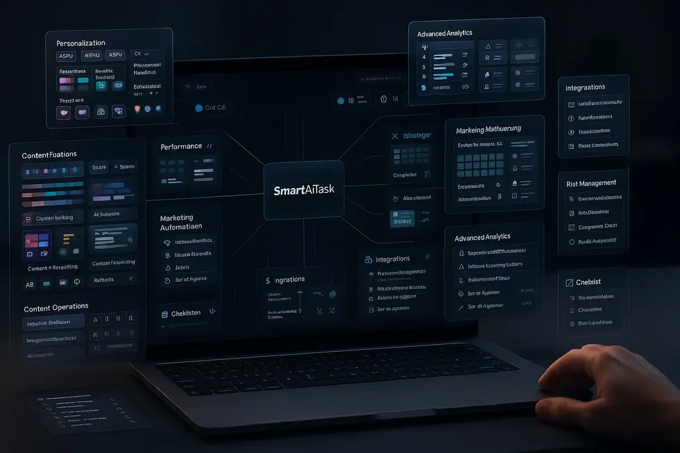 Marketing-Spezialist arbeitet an einem modernen Laptop mit einer Benutzeroberfläche, die verschiedene Aspekte von SmartAiTask zur KI-gestützten Social Media Optimierung darstellt, einschließlich Personalisierung, Marketing-Automatisierung und Advanced Analytics.