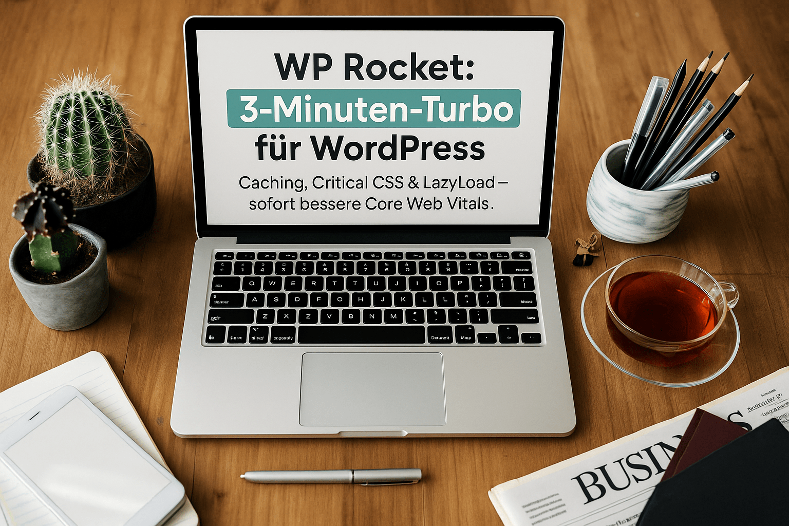Laptop mit Anzeige zu WP Rocket, der Software zur Leistungsoptimierung von WordPress, um bessere Core Web Vitals zu erzielen; Umgebung mit Schreibutensilien, Kaktus und einer Tasse Tee auf einem Holztisch.